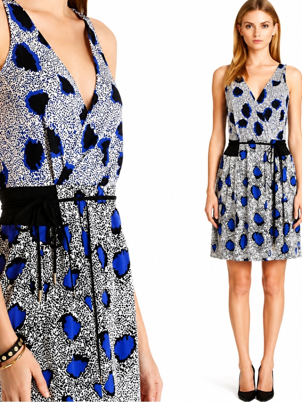 DVF Diane von Furstenberg Cheetah Island Silk Faux Wrap Dress 12 Blue Ivory